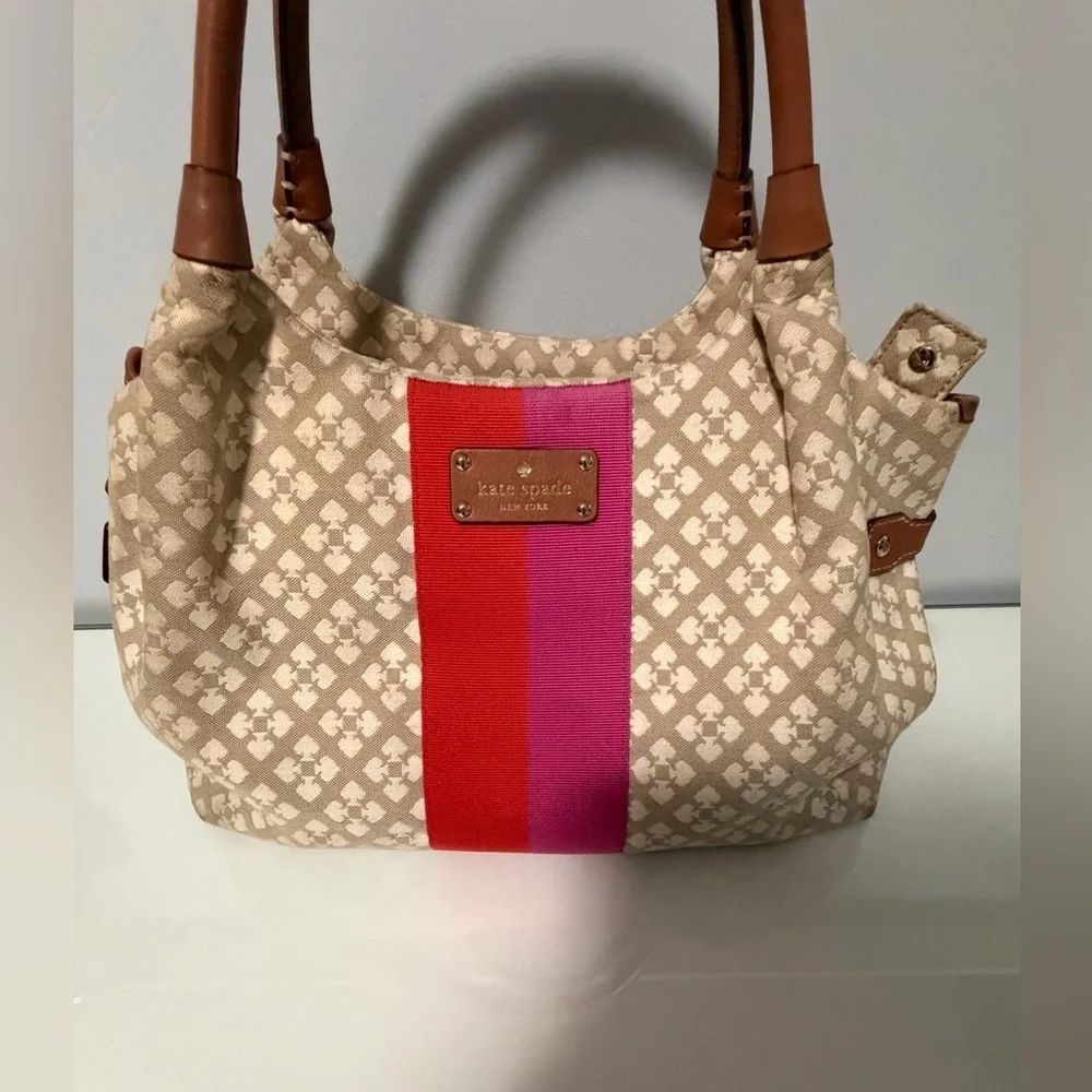kate spade Beige Canvas Shoulder Bag with Red and Pink Stripe